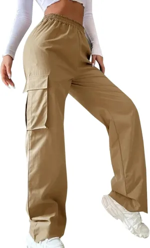 Women High Waisted Wide Leg Cargo Pants Button Down Loose Casual Trendy Work Trousers with 2 Pockets
