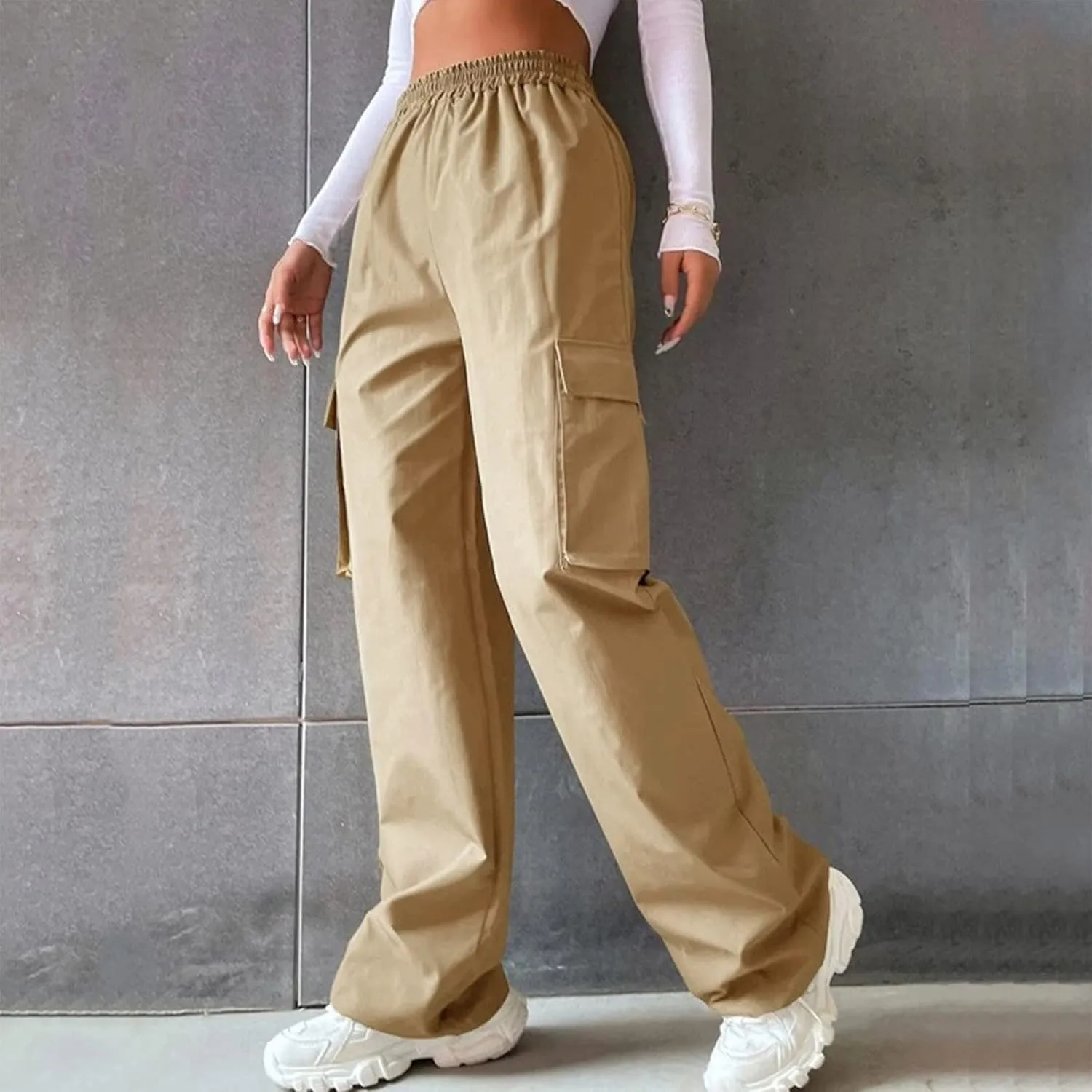 Women High Waisted Wide Leg Cargo Pants Button Down Loose Casual Trendy Work Trousers with 2 Pockets