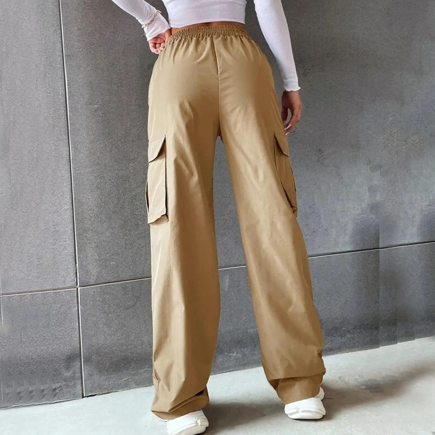 Women High Waisted Wide Leg Cargo Pants Button Down Loose Casual Trendy Work Trousers with 2 Pockets