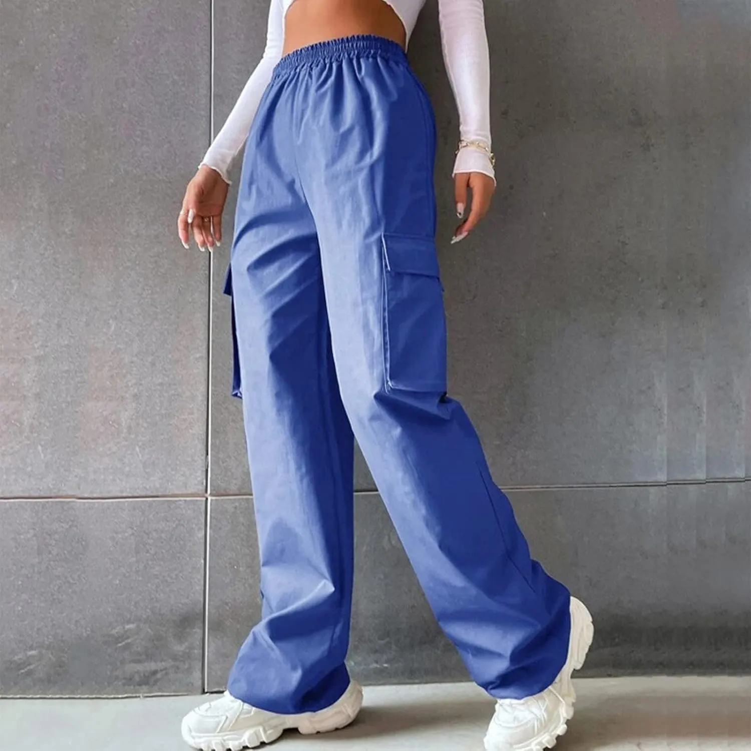 Women High Waisted Wide Leg Cargo Pants Button Down Loose Casual Trendy Work Trousers with 2 Pockets