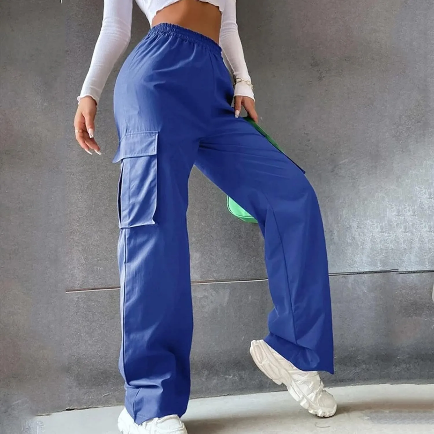 Women High Waisted Wide Leg Cargo Pants Button Down Loose Casual Trendy Work Trousers with 2 Pockets