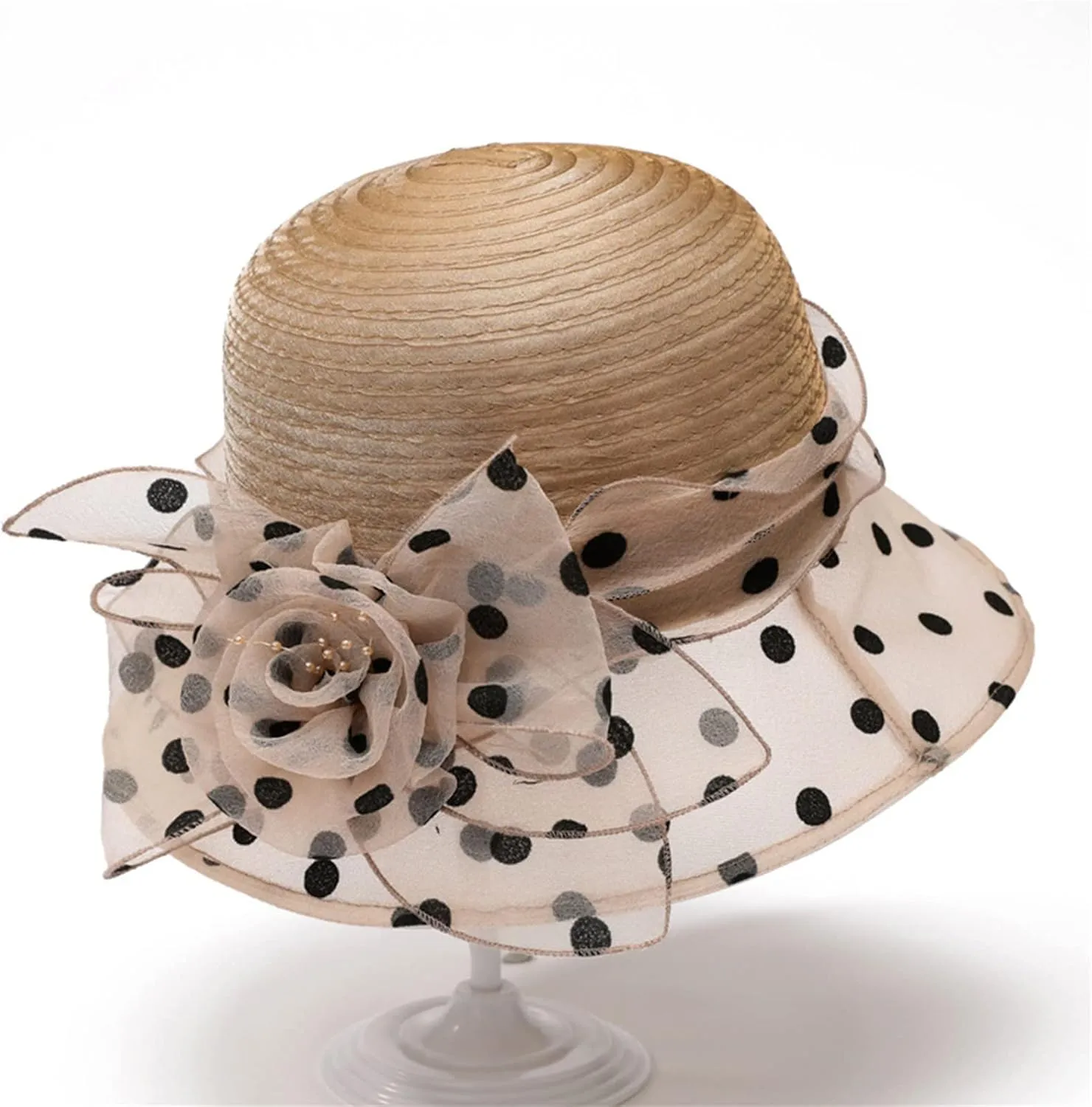 Women Kentucky Organza Derby Hat Wide Brim Summer Polka Dot Sun Hat for Bridal Wedding Church Tea Parties