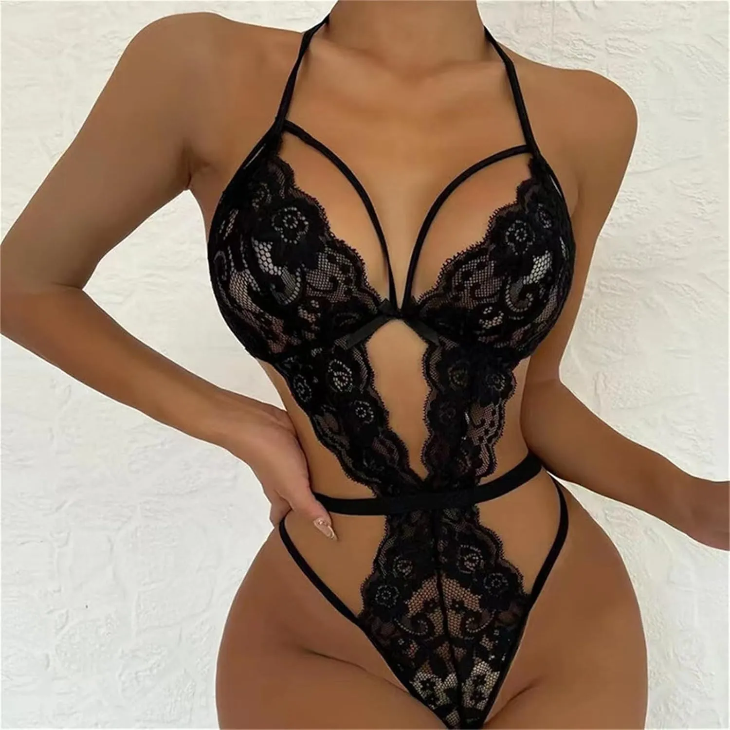 Women Lingerie Lace Sexy Bodysuit Deep V Hollow Out Hook Teddy Halter One Piece Black Corset Nightwear