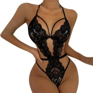 Women Lingerie Lace Sexy Bodysuit Deep V Hollow Out Hook Teddy Halter One Piece Black Corset Nightwear