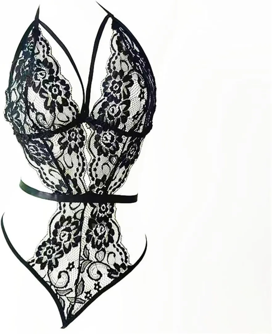 Women Lingerie Lace Sexy Bodysuit Deep V Hollow Out Hook Teddy Halter One Piece Black Corset Nightwear