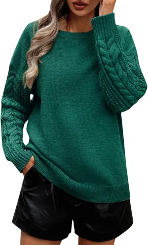 Women Long Sleeve Round Neck Solid Color Warm Cable Knit Sweater Pullover Tops Top Plus Size Women