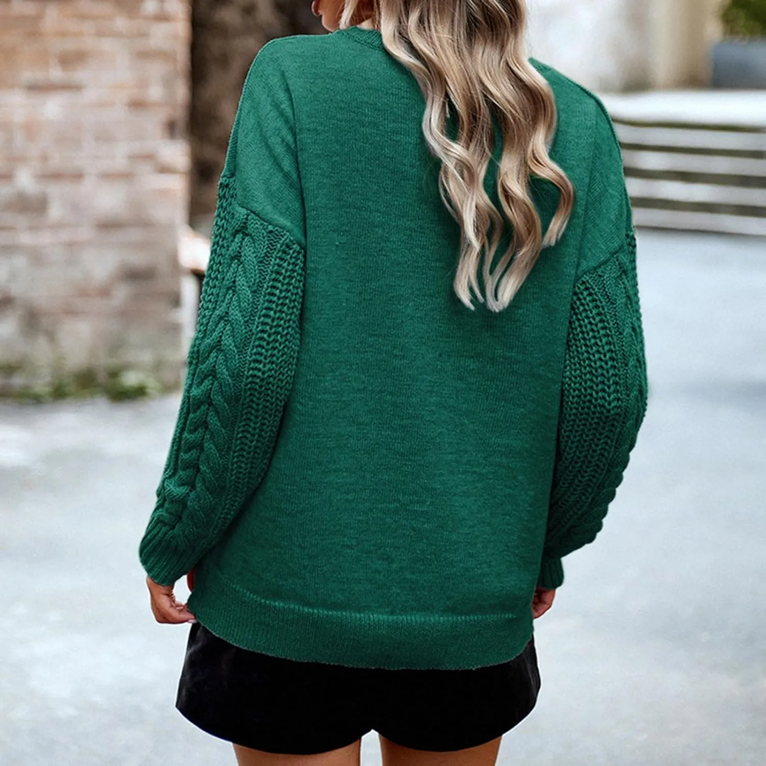 Women Long Sleeve Round Neck Solid Color Warm Cable Knit Sweater Pullover Tops Top Plus Size Women