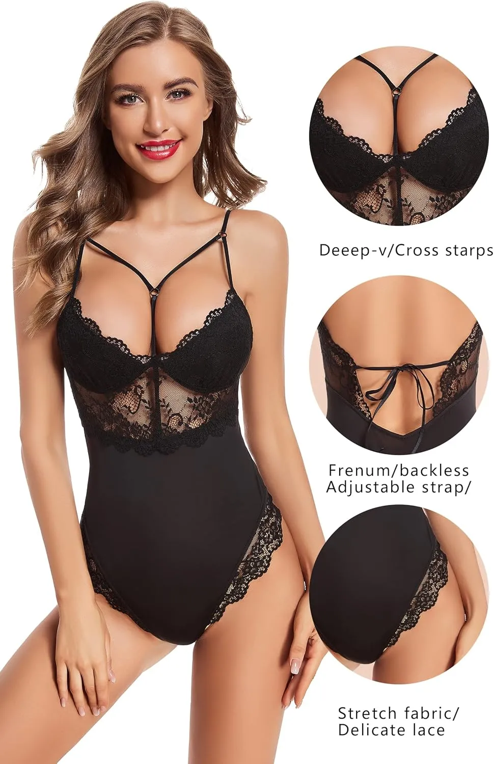 Women One Piece Teddy Lingerie Sexy Naughty Lace Bodysuit Strappy Deep V Mini Babydoll Sleepwear Plus Size
