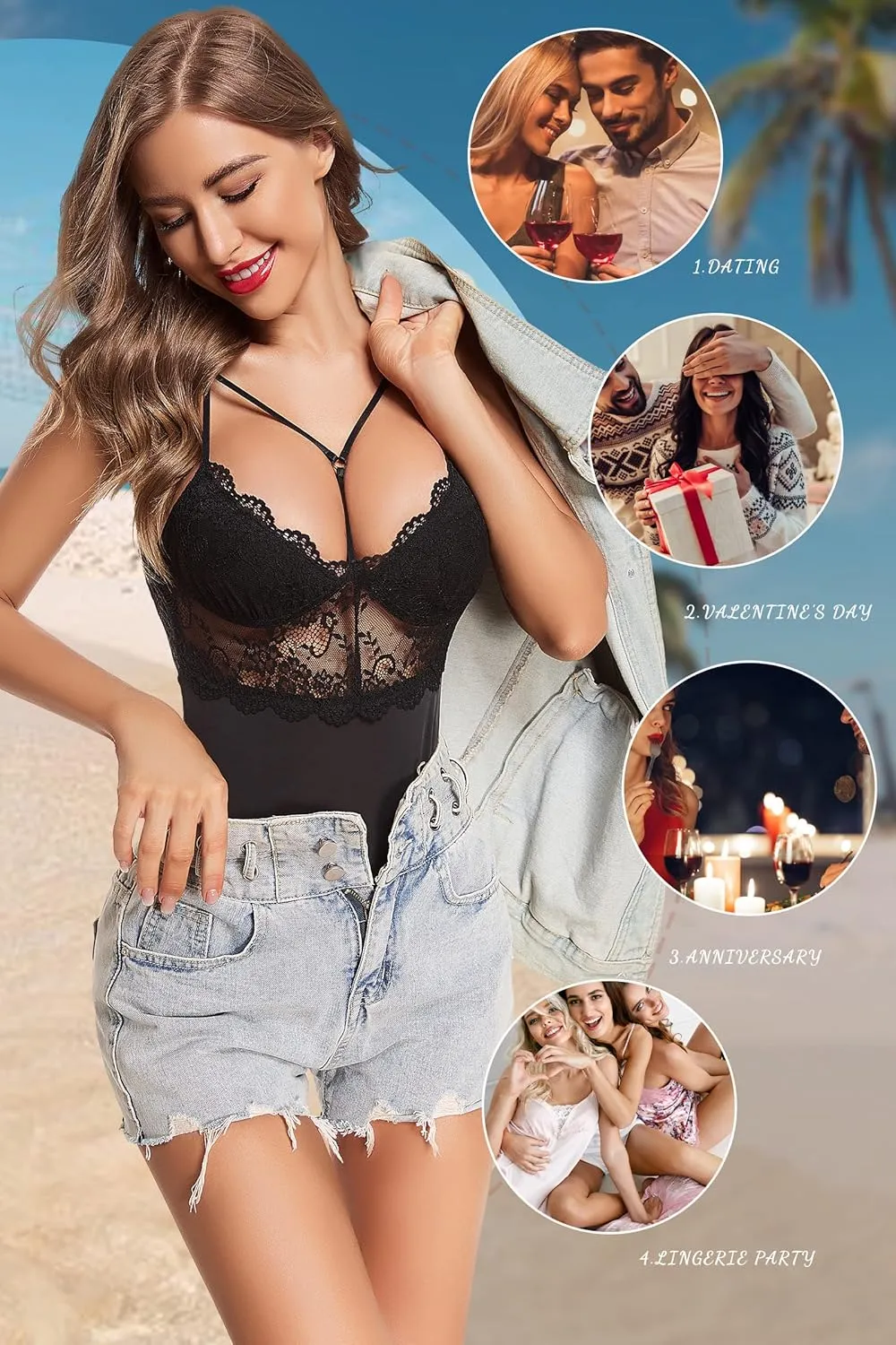 Women One Piece Teddy Lingerie Sexy Naughty Lace Bodysuit Strappy Deep V Mini Babydoll Sleepwear Plus Size