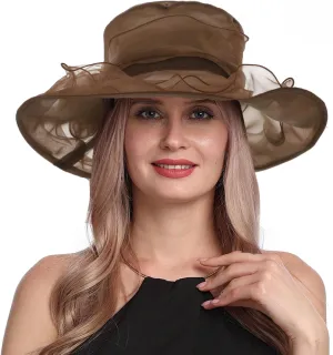 Women Organza Church Derby Hat Wide Brim Sun Caps for Wedding Tea Party Elegant Wedding Hat Wide Brim Fascinator