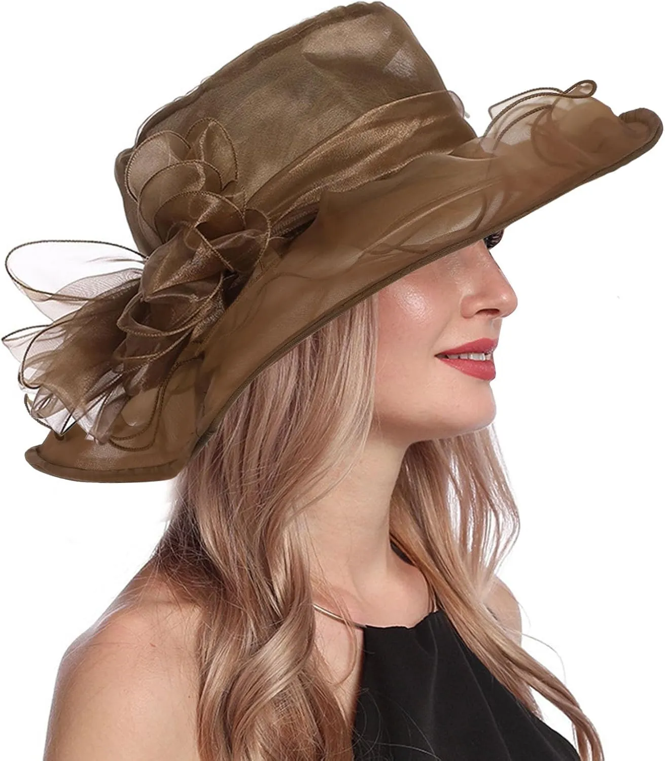 Women Organza Church Derby Hat Wide Brim Sun Caps for Wedding Tea Party Elegant Wedding Hat Wide Brim Fascinator
