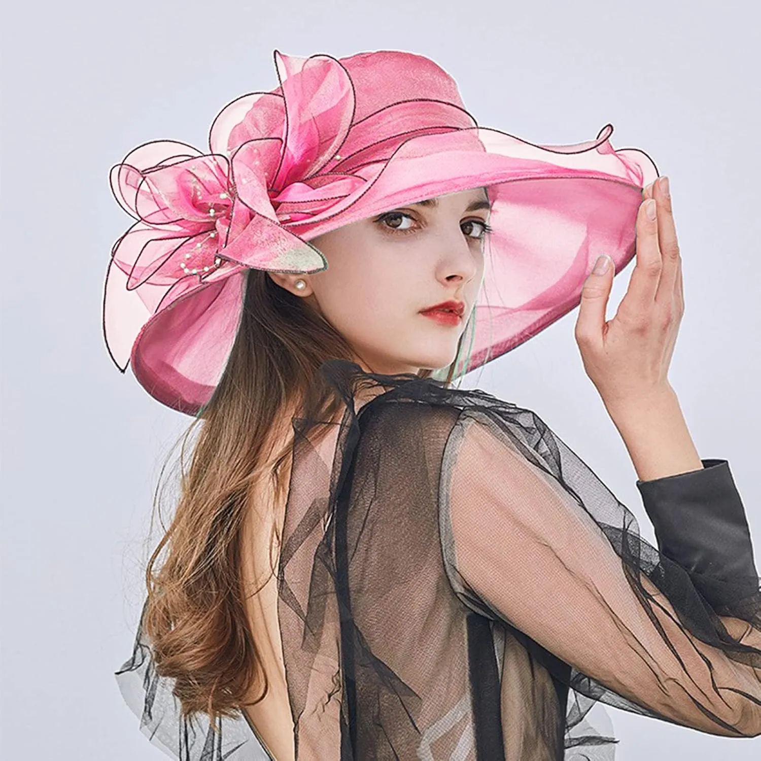 Women Organza Kentucky Church Derby Cap Wide Brim Sun Hats for Wedding Tea Party Fascinator UV Protection Caps