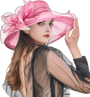 Women Organza Kentucky Church Derby Cap Wide Brim Sun Hats for Wedding Tea Party Fascinator UV Protection Caps