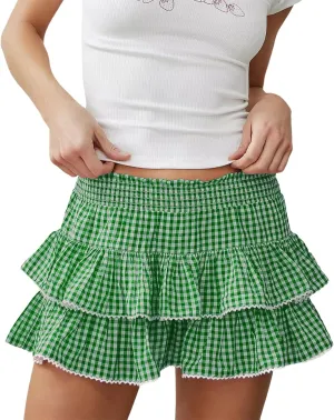 Women Plaid Ruffle Mini Skirt Y2k Lace Pleated Gingham Flowy Layered A Line Short Skirt Halloween Costume Streetwear