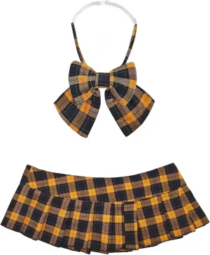 Women Pleated Plaid Micro Mini Skirt Schoolgirl Cosplay Lingerie Skirts Sexy Role Playing Costume Outfit with Bow Tie
