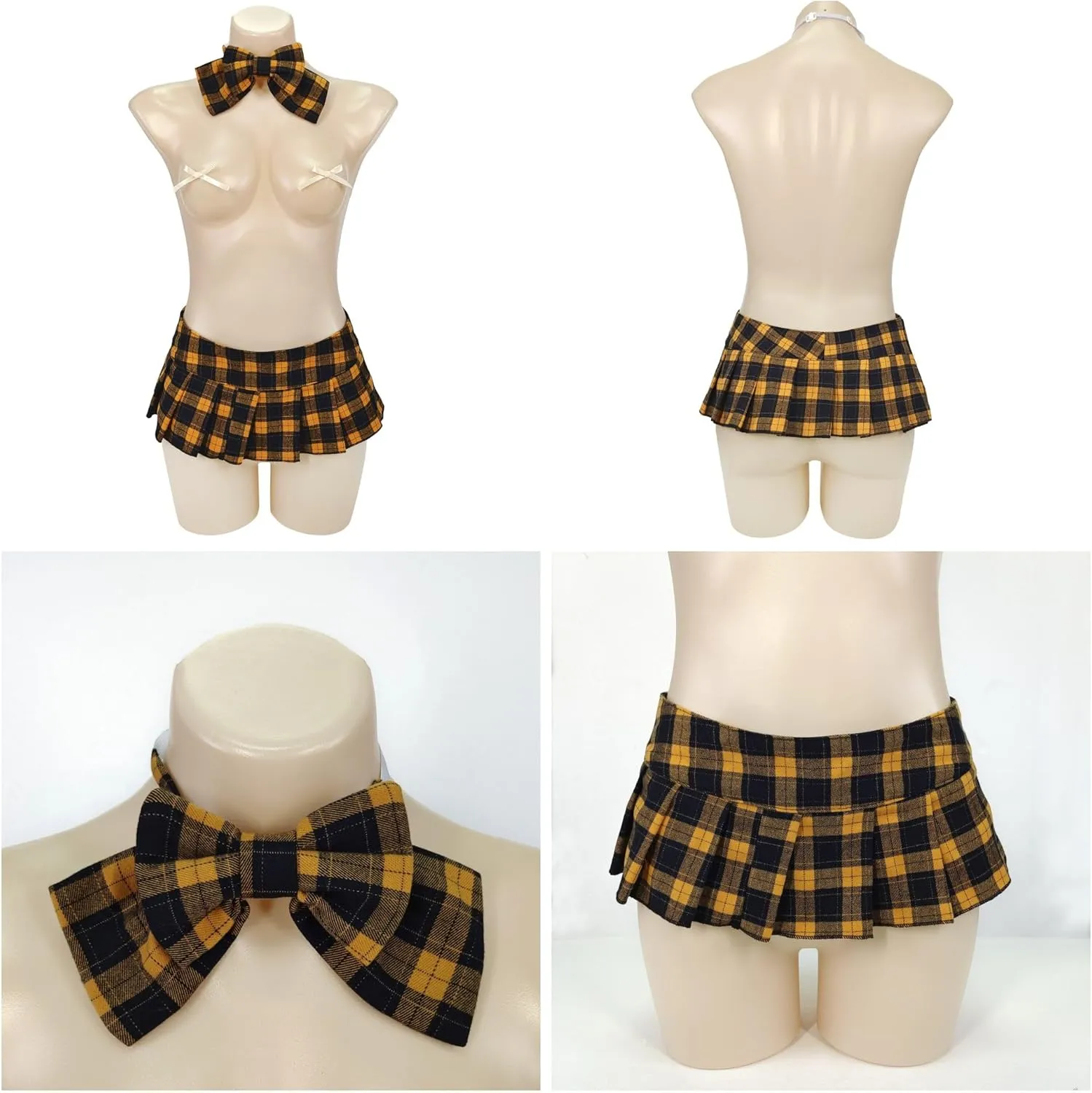 Women Pleated Plaid Micro Mini Skirt Schoolgirl Cosplay Lingerie Skirts Sexy Role Playing Costume Outfit with Bow Tie
