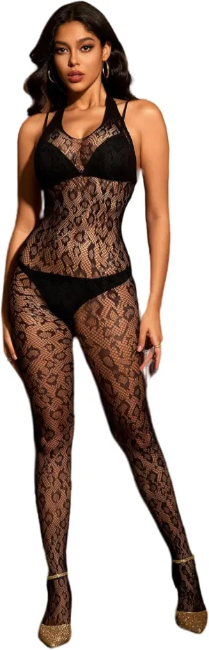 Women Sexy Exotic Dancer Fishnets Lingerie Bodysuit One Piece Lace Leopard Print Bodystocking Rave Outfits Clubwear