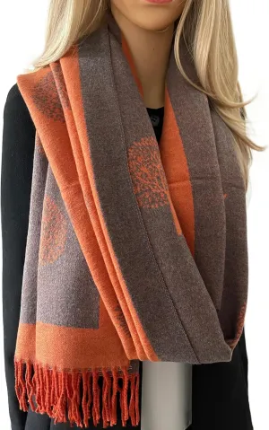 Women Tree Of Life Blanket Scarf - Winter Scarfs, Reversible Pashmina Shawl, Womens Scarves & Wraps, Ladies Scarf Thick Blanket, Warm Scarf Big Large Wrap, Tree Life Women Gift (Long Orange)