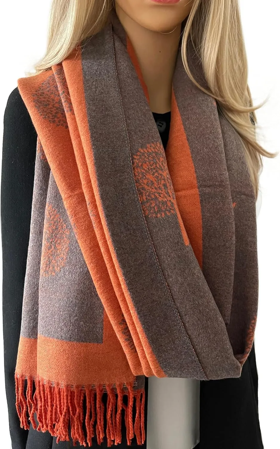 Women Tree Of Life Blanket Scarf - Winter Scarfs, Reversible Pashmina Shawl, Womens Scarves & Wraps, Ladies Scarf Thick Blanket, Warm Scarf Big Large Wrap, Tree Life Women Gift (Long Orange)