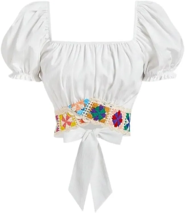 Women's Blouses Shirts Floral Crochet Lace Bow Tie Back Short Short Sleeve Tops Trendy Tshirts Tops