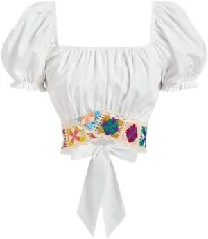 Women's Blouses Shirts Floral Crochet Lace Bow Tie Back Short Short Sleeve Tops Trendy Tshirts Tops
