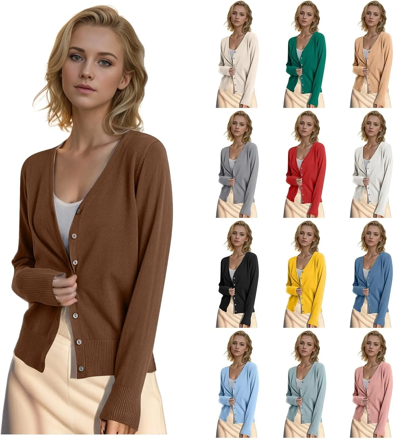 Women's Cashmere Button Front Long Sleeve Crewneck Cardigan Sweater