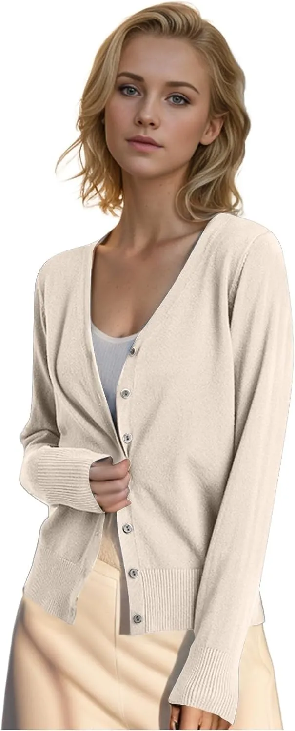Women's Cashmere Button Front Long Sleeve Crewneck Cardigan Sweater