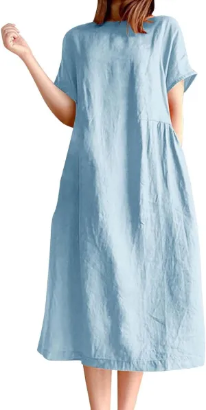 Women's Cotton Midi Dress Plus Size Short Sleeve Sundress Baggy Summer Daily Maxi Vacation Dresses with Pockets
