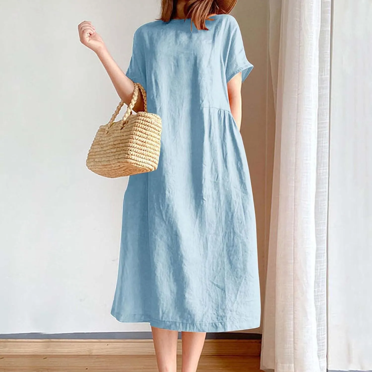 Women's Cotton Midi Dress Plus Size Short Sleeve Sundress Baggy Summer Daily Maxi Vacation Dresses with Pockets