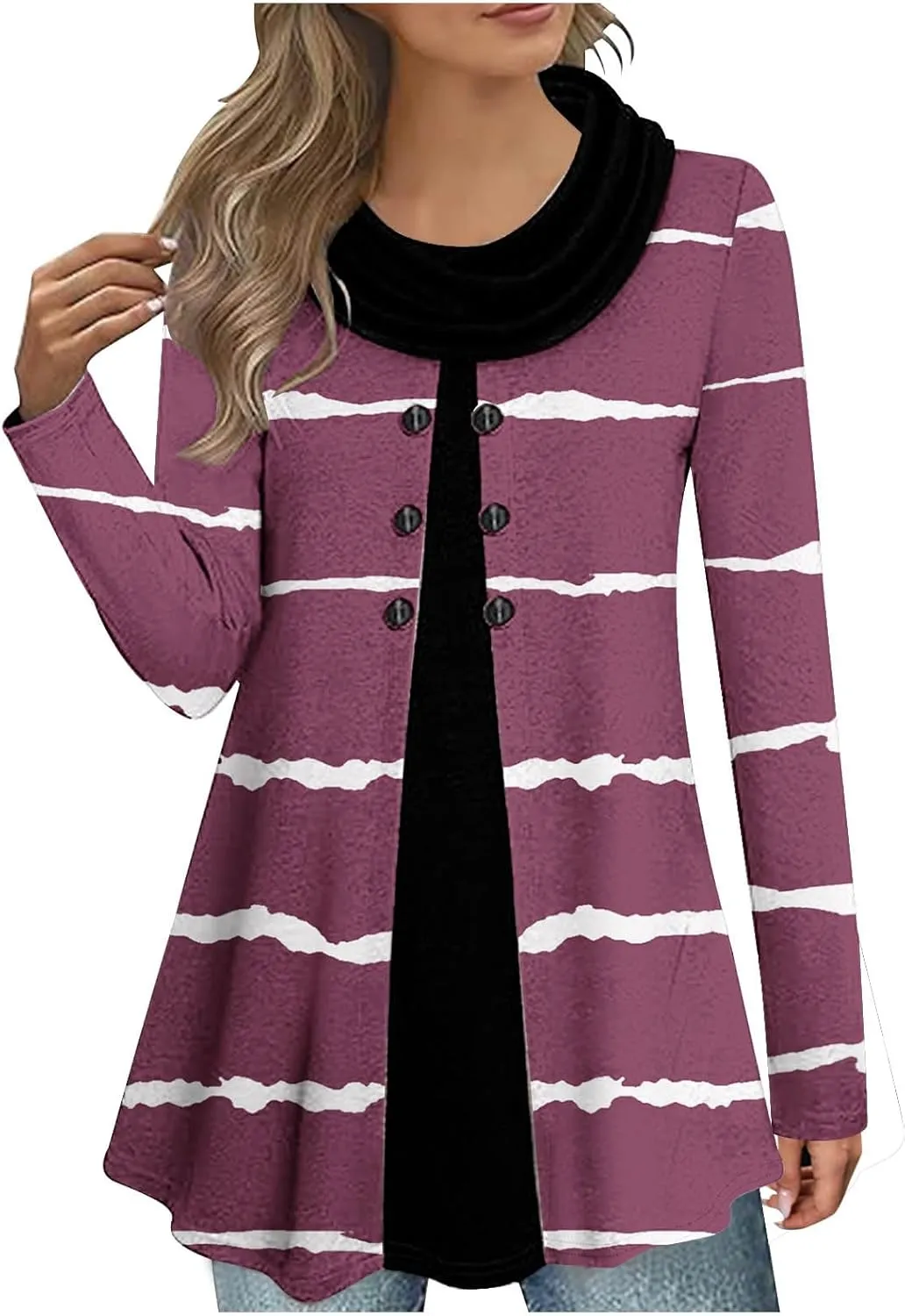Womens Cowl Neck Sweater Long Sleeve Stripe Top Fall Winter Tops for 2024 Plus Size Trendy Tops Fashion Tunic Tops