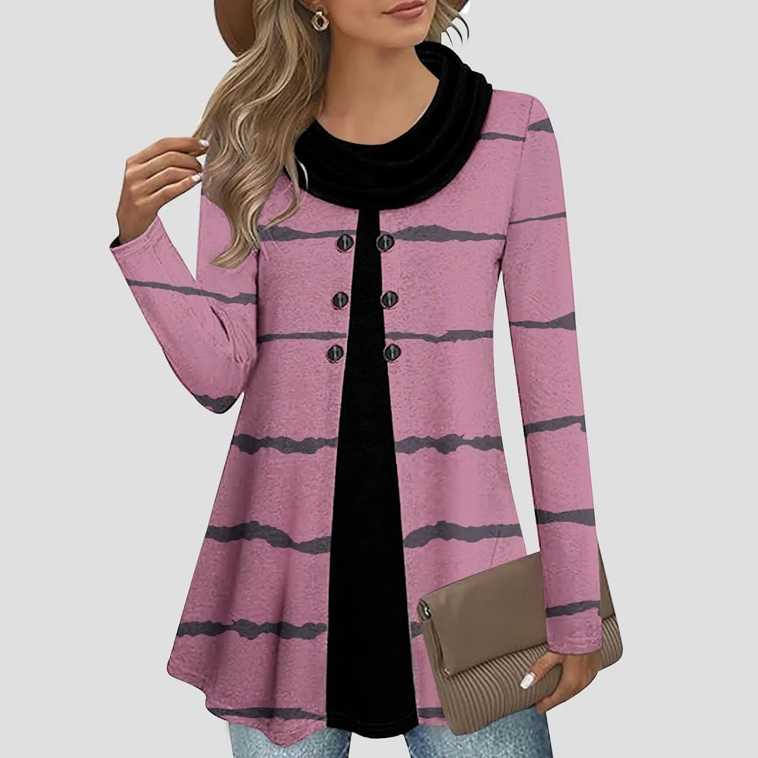 Womens Cowl Neck Sweater Long Sleeve Stripe Top Fall Winter Tops for 2024 Plus Size Trendy Tops Fashion Tunic Tops