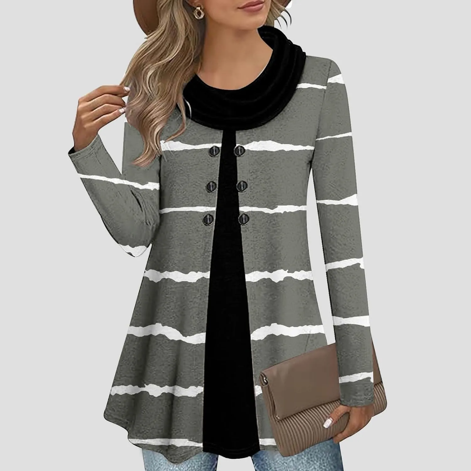 Womens Cowl Neck Sweater Long Sleeve Stripe Top Fall Winter Tops for 2024 Plus Size Trendy Tops Fashion Tunic Tops