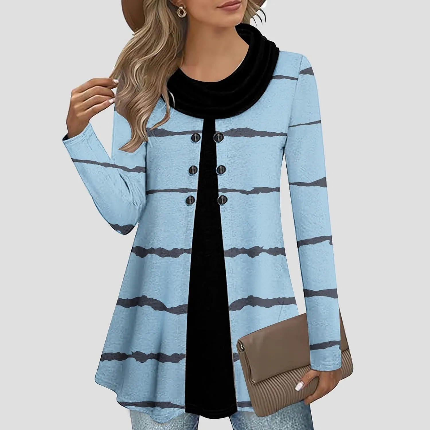 Womens Cowl Neck Sweater Long Sleeve Stripe Top Fall Winter Tops for 2024 Plus Size Trendy Tops Fashion Tunic Tops