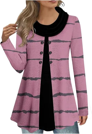 Womens Cowl Neck Sweater Long Sleeve Stripe Top Fall Winter Tops for 2024 Plus Size Trendy Tops Fashion Tunic Tops