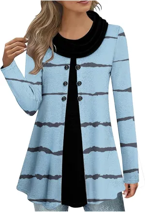 Womens Cowl Neck Sweater Long Sleeve Stripe Top Fall Winter Tops for 2024 Plus Size Trendy Tops Fashion Tunic Tops