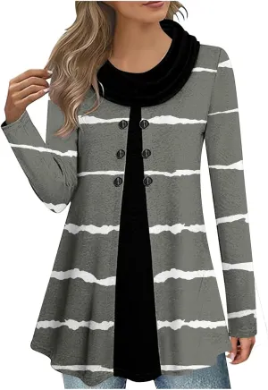 Womens Cowl Neck Sweater Long Sleeve Stripe Top Fall Winter Tops for 2024 Plus Size Trendy Tops Fashion Tunic Tops