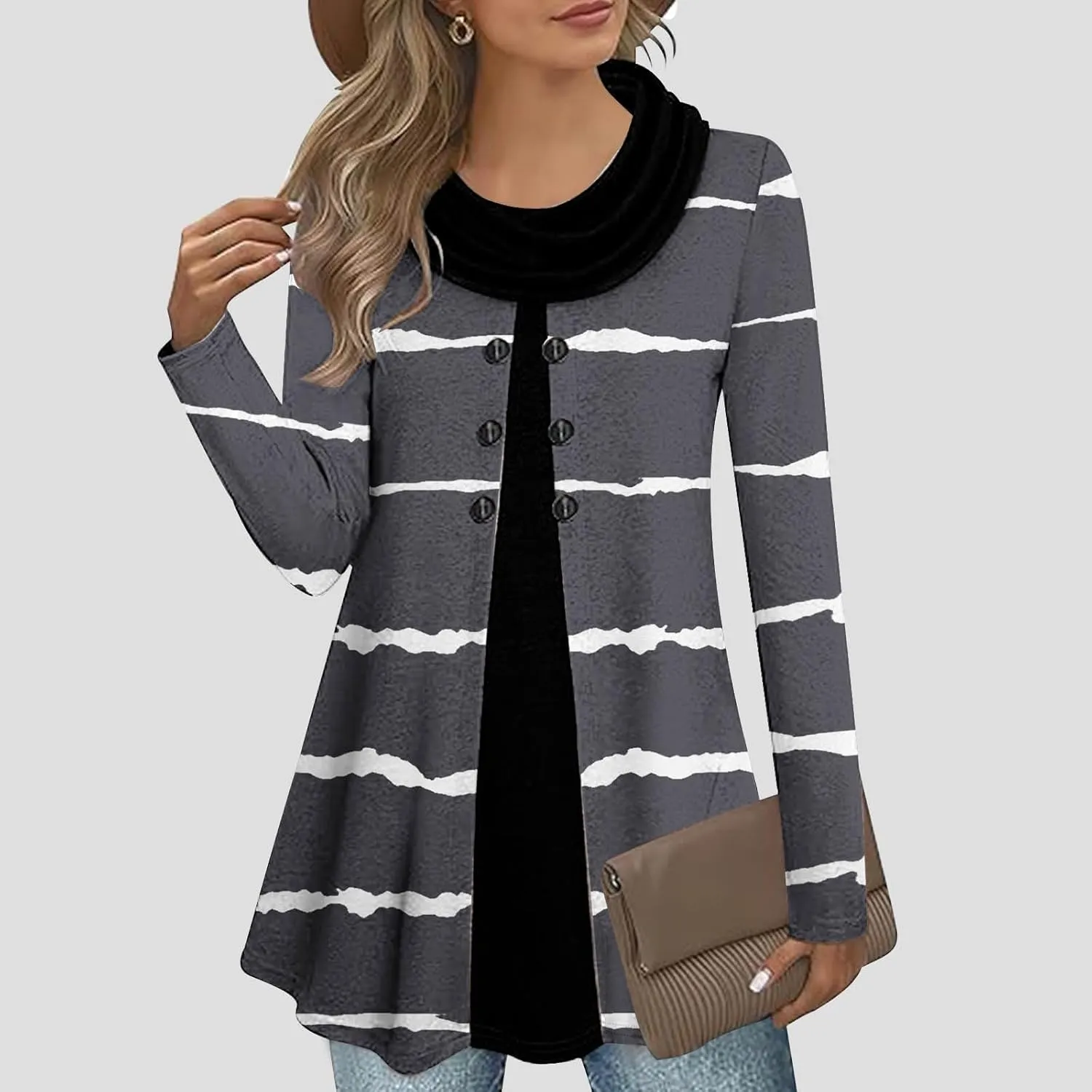 Womens Cowl Neck Sweater Long Sleeve Stripe Top Fall Winter Tops for 2024 Plus Size Trendy Tops Fashion Tunic Tops