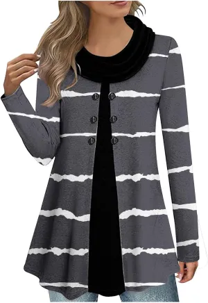Womens Cowl Neck Sweater Long Sleeve Stripe Top Fall Winter Tops for 2024 Plus Size Trendy Tops Fashion Tunic Tops