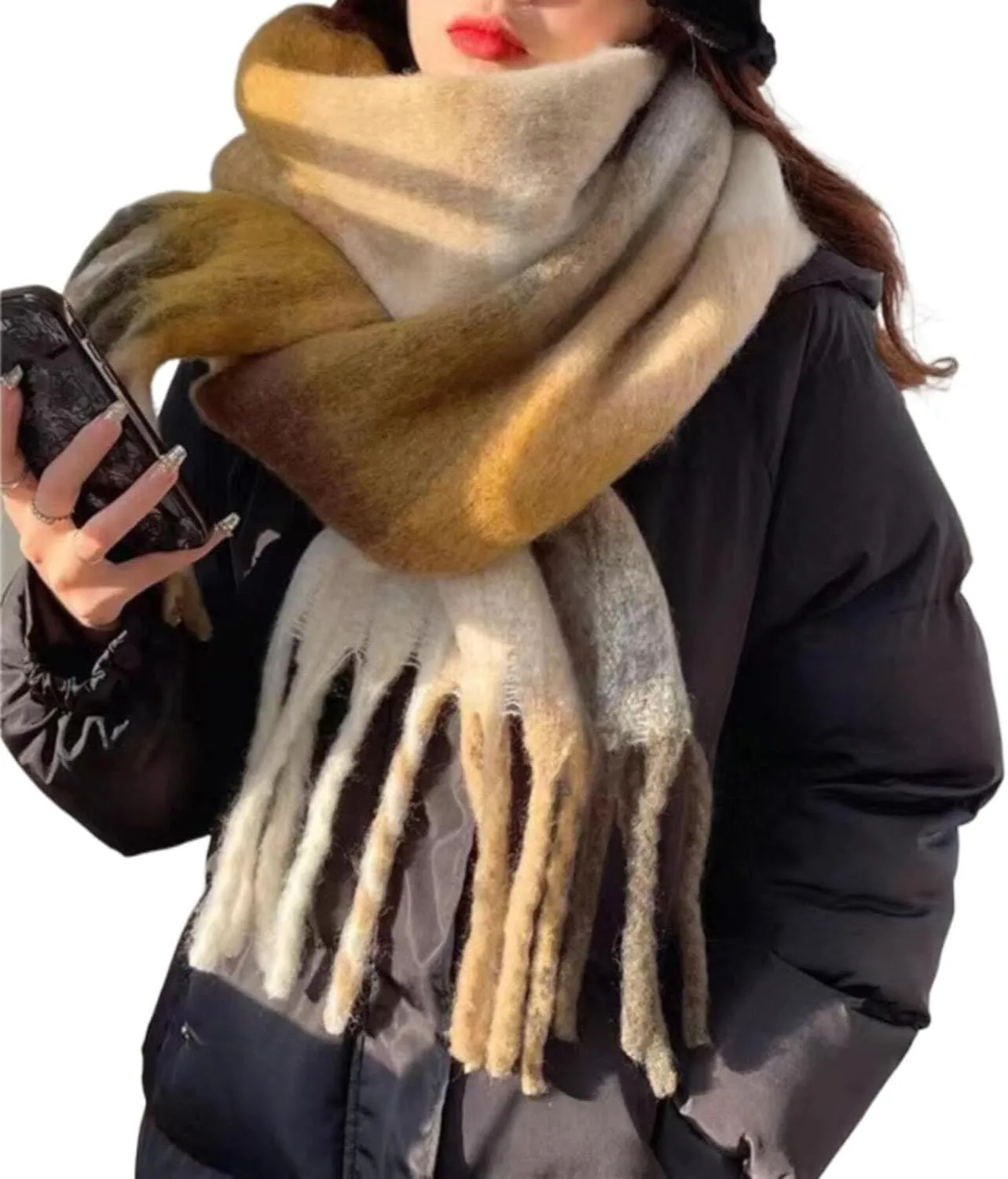 Women's Fall Winter Scarf Classic Tassel Coloured Plaid Tartan Warm Soft Chunky Large Blanket Wrap Shawl Scarves