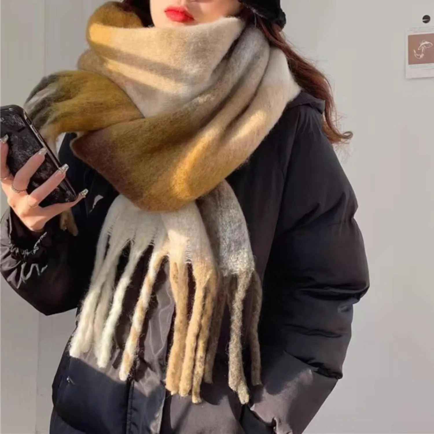 Women's Fall Winter Scarf Classic Tassel Coloured Plaid Tartan Warm Soft Chunky Large Blanket Wrap Shawl Scarves