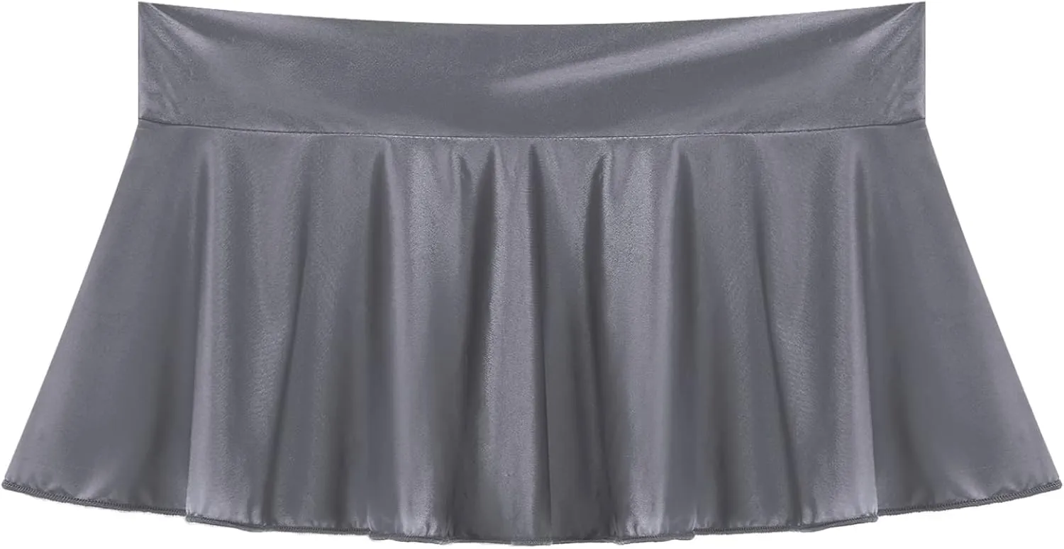 Women's Glossy Oil Low Rise Ruffled Skirts Pleated Mini Skirt Rave Bikini Bottoms