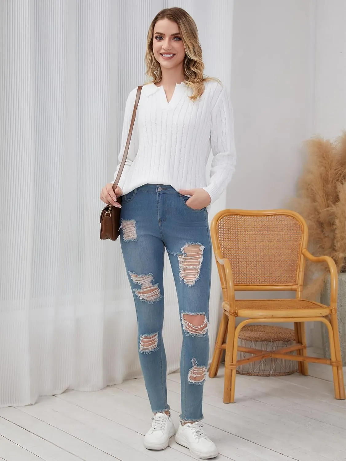 Women's Knit Pullover Sweaters Cable Knit Tops Long Sleeves Polo V Neck Sweater Tops