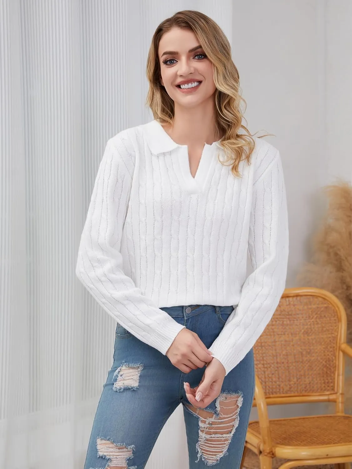 Women's Knit Pullover Sweaters Cable Knit Tops Long Sleeves Polo V Neck Sweater Tops