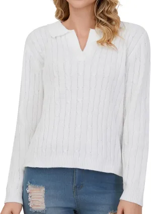 Women's Knit Pullover Sweaters Cable Knit Tops Long Sleeves Polo V Neck Sweater Tops