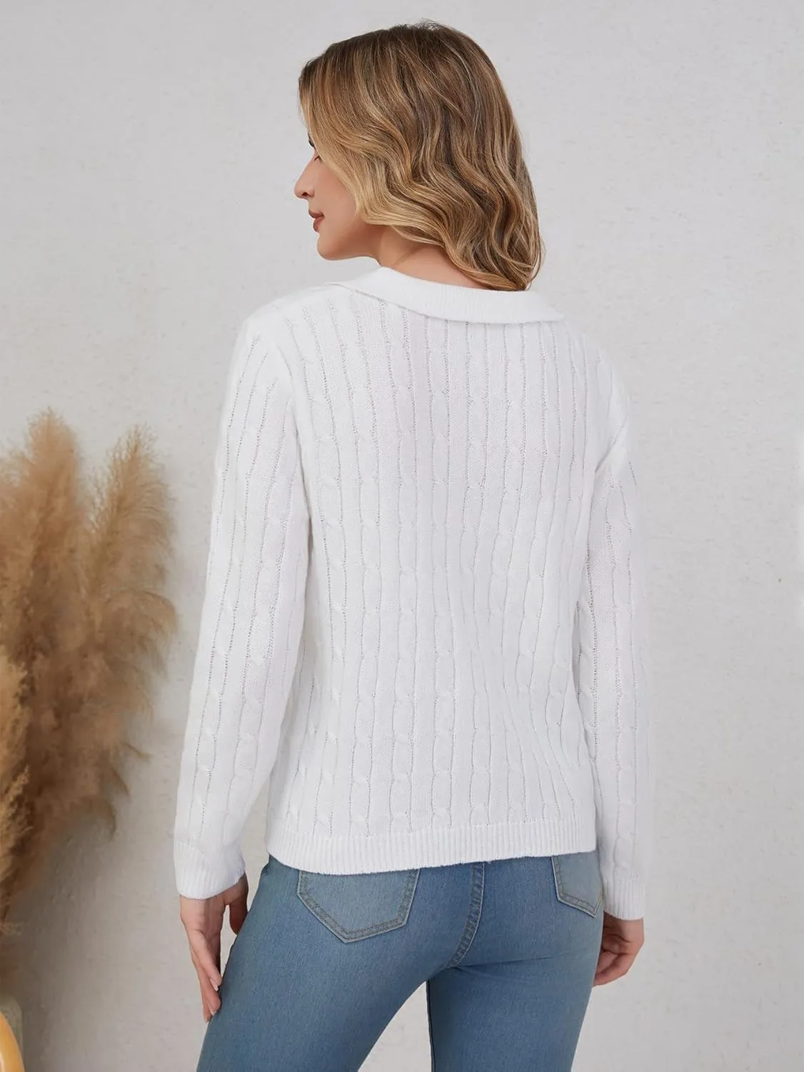 Women's Knit Pullover Sweaters Cable Knit Tops Long Sleeves Polo V Neck Sweater Tops