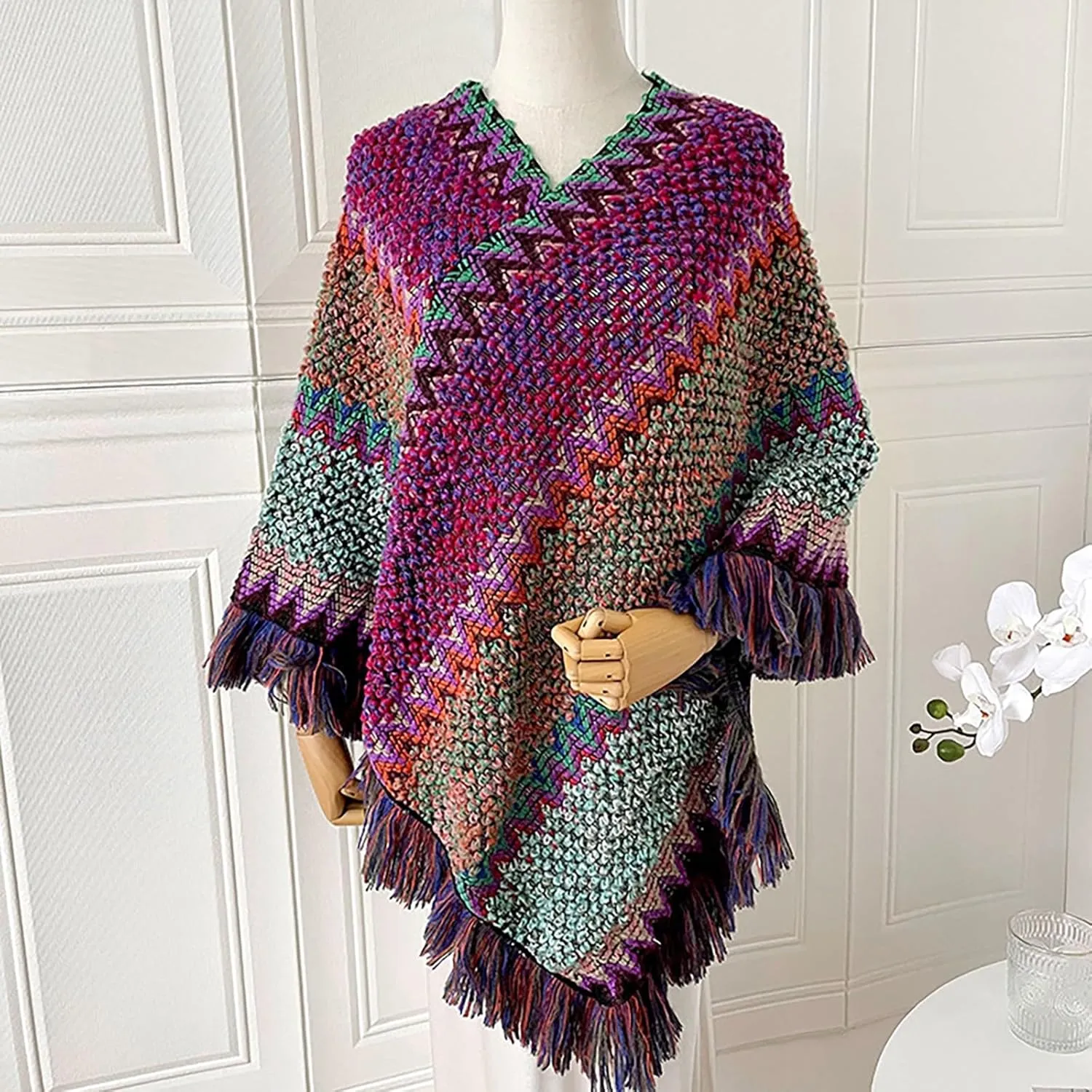 Womens Large Cross Front Poncho Oversized Cardigan Sweater Wrap Topper Knitted Elegant Shawls Cape for Fall Winter
