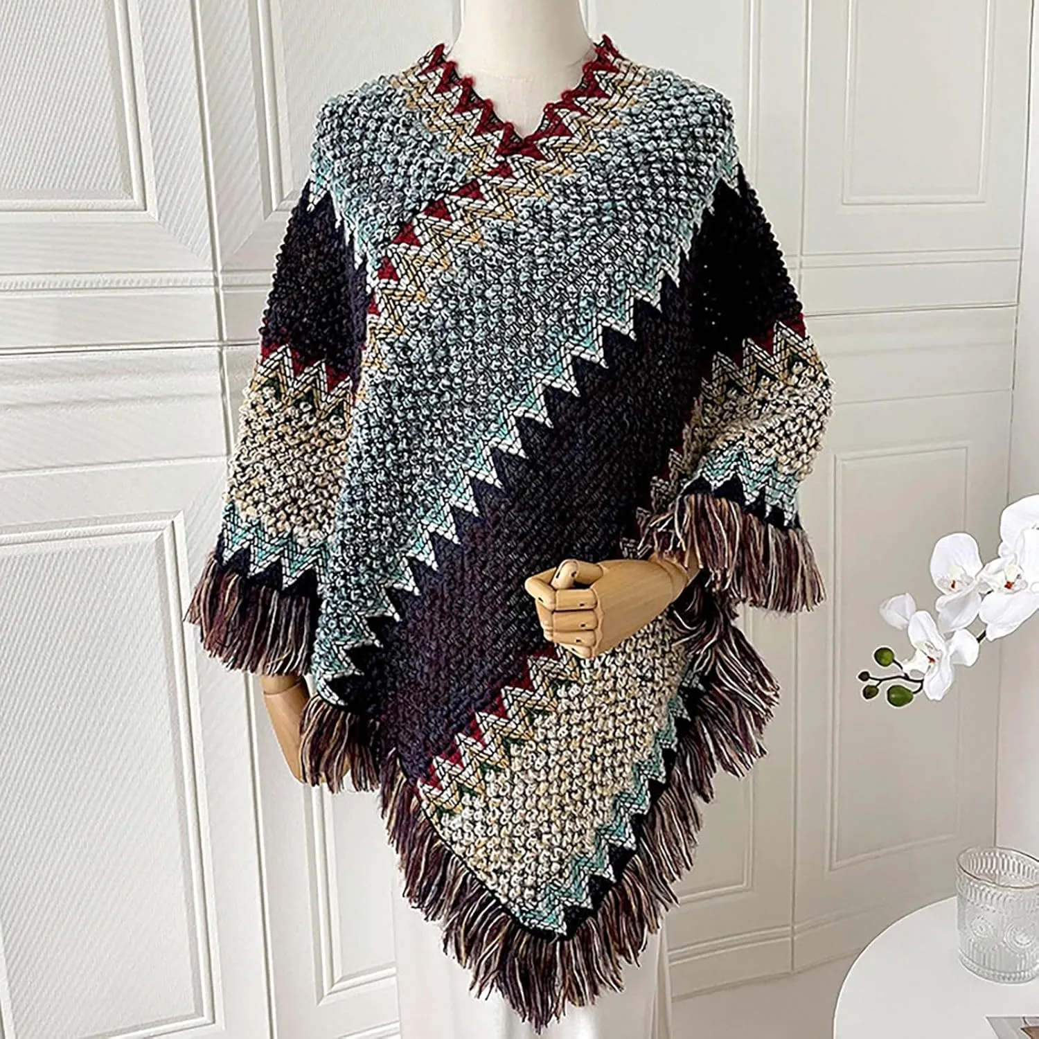 Womens Large Cross Front Poncho Oversized Cardigan Sweater Wrap Topper Knitted Elegant Shawls Cape for Fall Winter