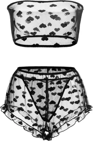 Women's Lingerie Set Stretchy Lace Bandeau Bra Top Underwear with Shorts and Thong Size S-XXL