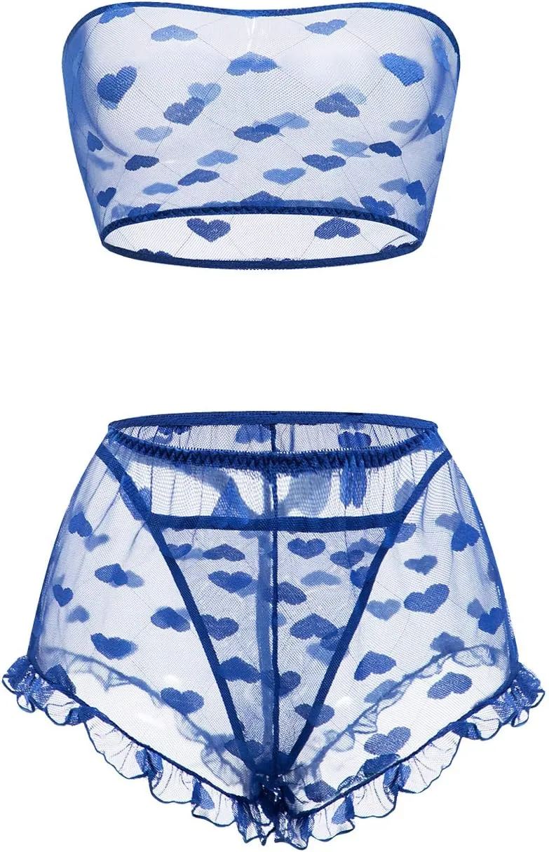 Women's Lingerie Set Stretchy Lace Bandeau Bra Top Underwear with Shorts and Thong Size S-XXL