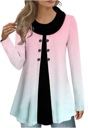 Womens Long Sleeve Cowl Neck Tops Button Down Tops Casual Trendy Tops Loose Fitting Tops Plus Size Gradient Tunic